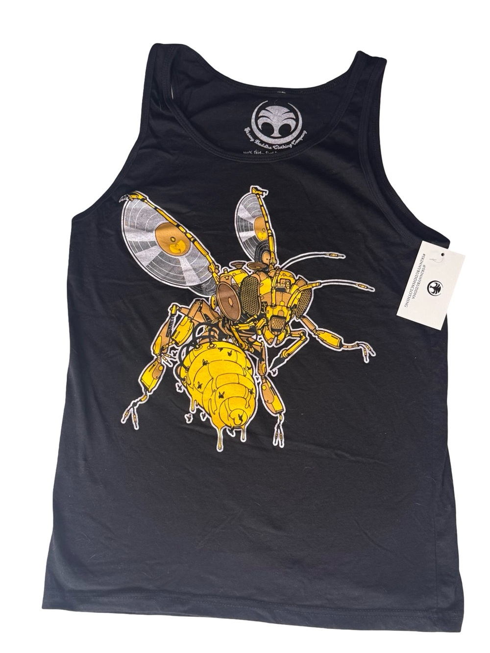 Black Tank Top with yellow Wu Tang “killer bee” design. Unisex sizing.